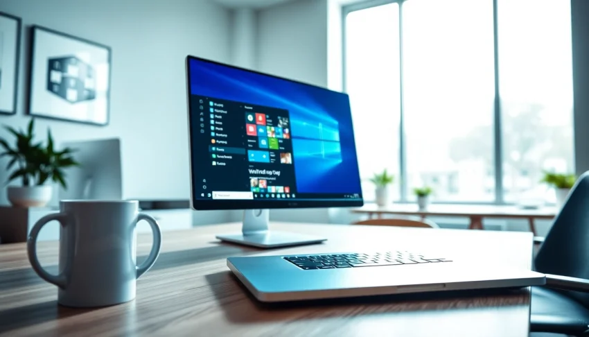 Microsoft Windows Oberfläche auf einem modernen Laptop in einem Büro mit natürlichem Licht.