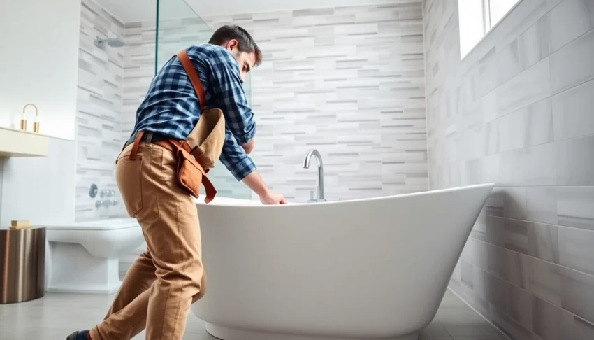 Plumber performing a bathroom install bristol, showcasing modern fixtures and tools.