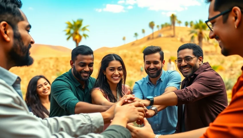 Équipe en activité de team building maroc avec enthousiasme dans un cadre naturel