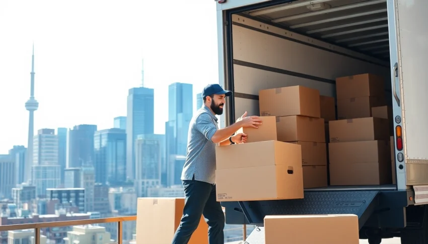 Local Toronto movers efficiently transport items while showcasing teamwork in a vibrant urban setting.