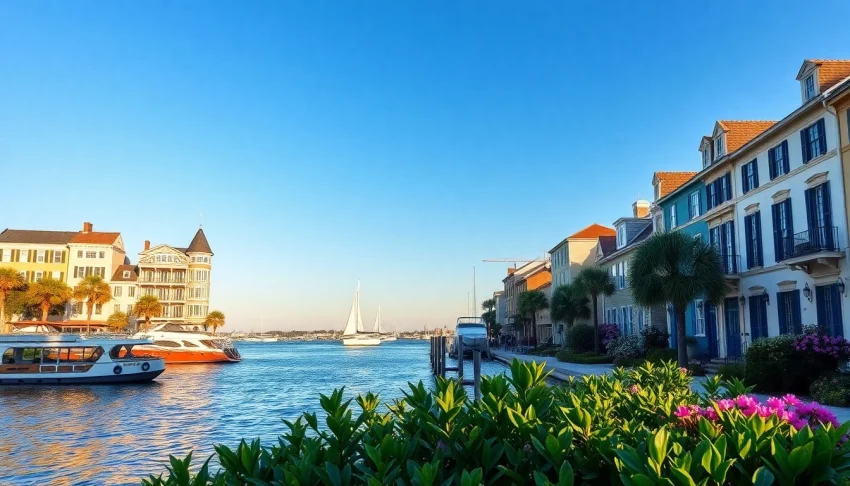 Experience the vibrant architecture and serene waterfront of Charleston SC. in a picturesque scene.