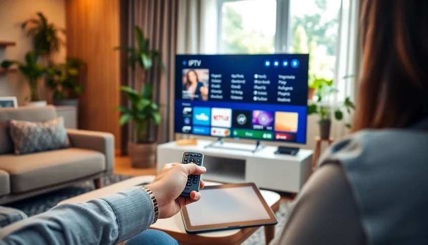 Compra Listas IPTV en un ambiente acogedor con un control remoto y una pantalla de TV