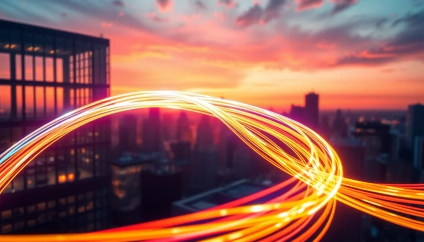Engage with Sonic Fiber Promo showcasing fast internet through vibrant fiber optic cables and a city skyline.