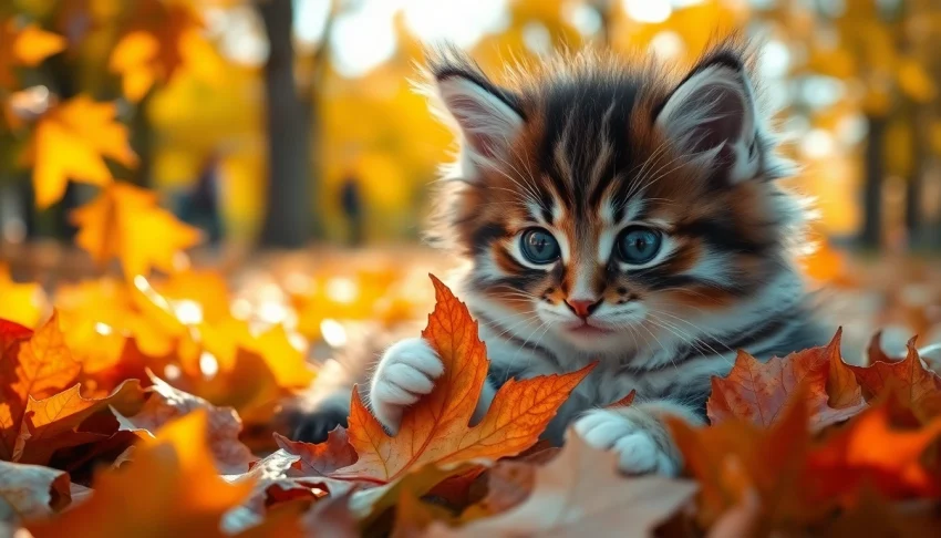 Playful Maine Coon cats for sale Sacramento nestled in colorful autumn leaves.