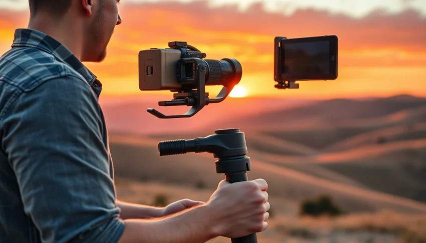 Capture videos smoothly using gimbal stabilizer​ in serene outdoor environment.