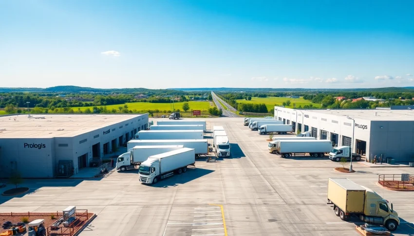 Visualize Prologis logistics facility highlighting modern warehouses and busy operations.