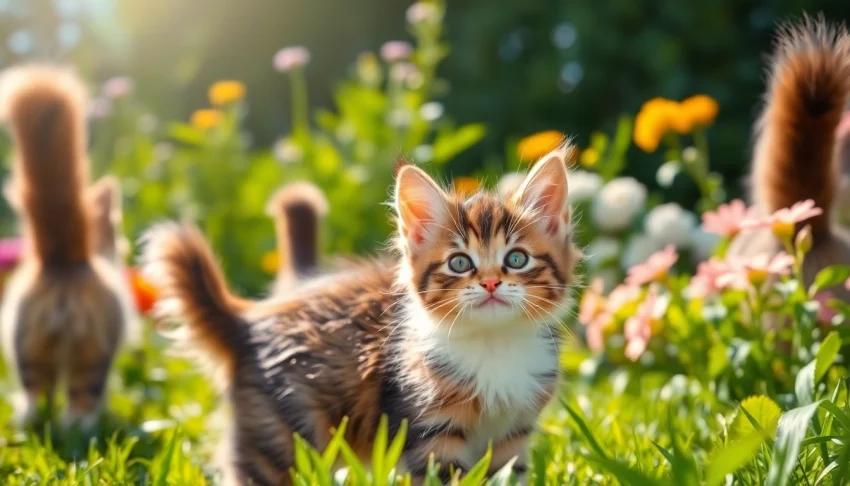 Adorable Maine Coon cats for sale Sacramento exploring a vibrant garden with lush greenery.