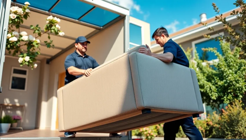 Movers Calgary professionally moving a couch into a truck during a bright day.