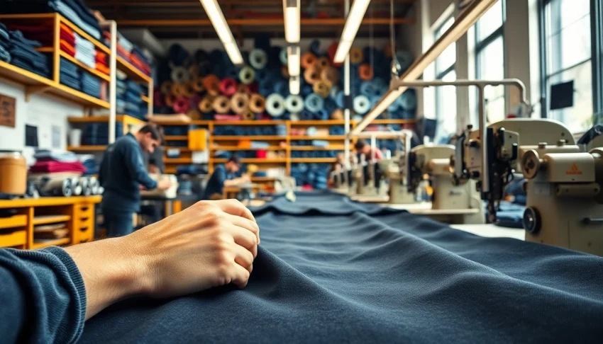 Engaging scene of jeans cloth manufacturers showcasing skilled artisans crafting denim garments.