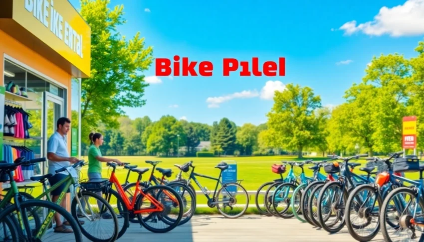 Engaging bike rental service storefront with vibrant bikes and happy customers.