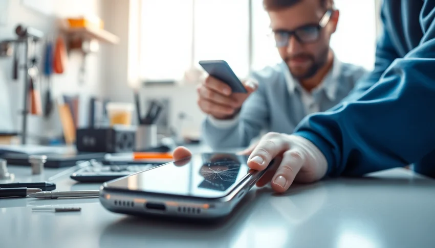 Sell broken phone cash by evaluating and repairing smartphones in a modern, professional workspace.