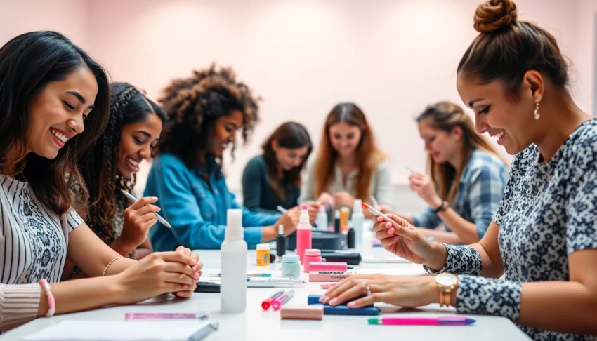Nail Course participants practicing intricate nail designs with vibrant colors and tools in a bright classroom.