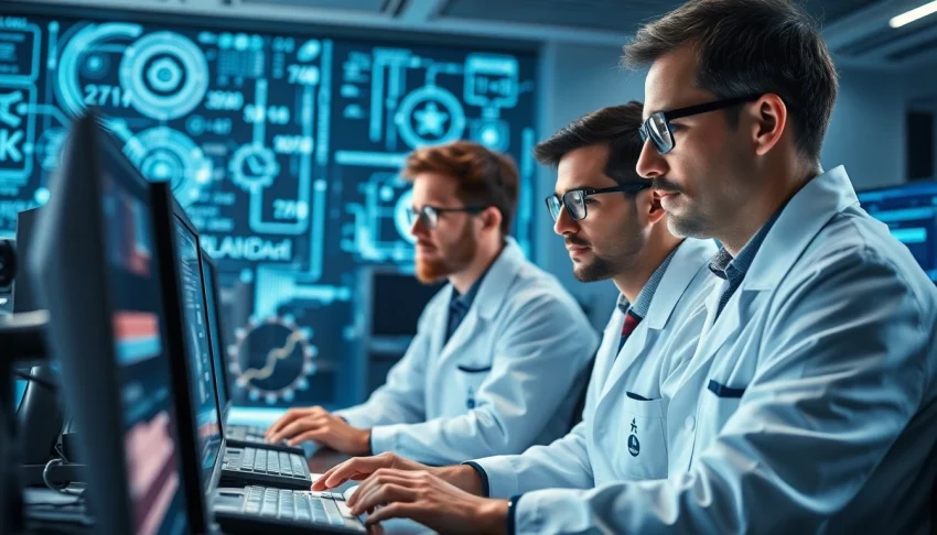 Enhancing AI model validation through precision-driven data analysis within a futuristic lab.