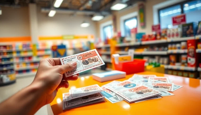 Engaging scene of Coupons being used in a vibrant shopping environment, showcasing savings potential.