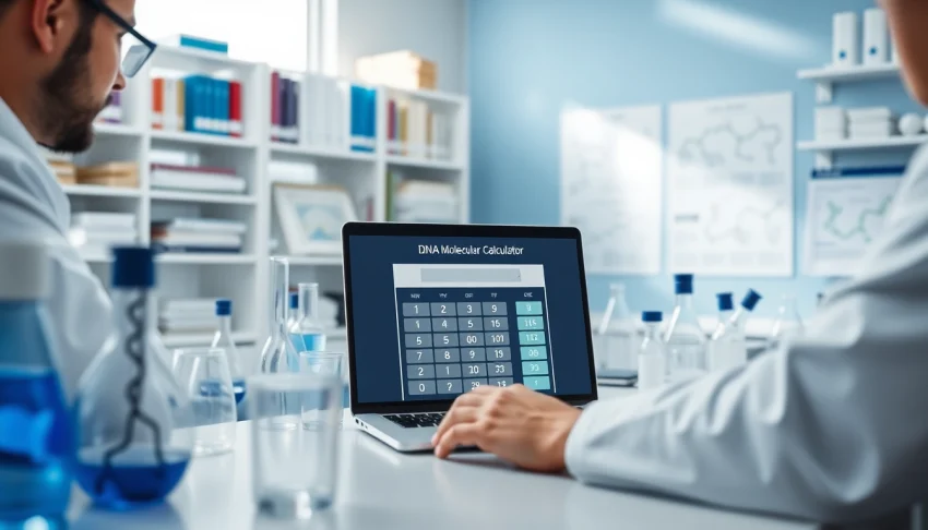 Utilize the DNA Molecular Weight Calculator in a professional laboratory setting with a researcher calculating.
