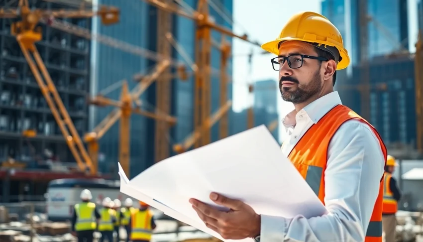 New York Construction Manager analyzing blueprints at an active construction site with cranes.