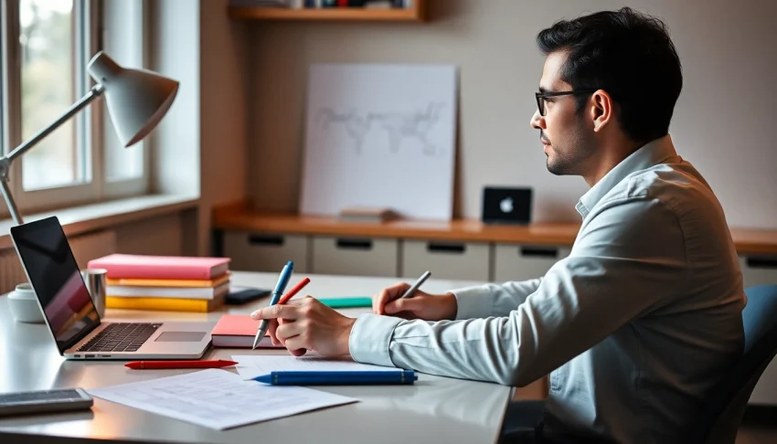 Prompt writer crafting innovative ideas with colorful materials at a stylish desk.