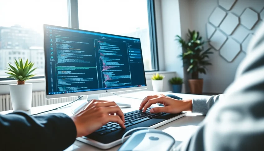 Capture a developer coding a screenshot api in a modern office environment.