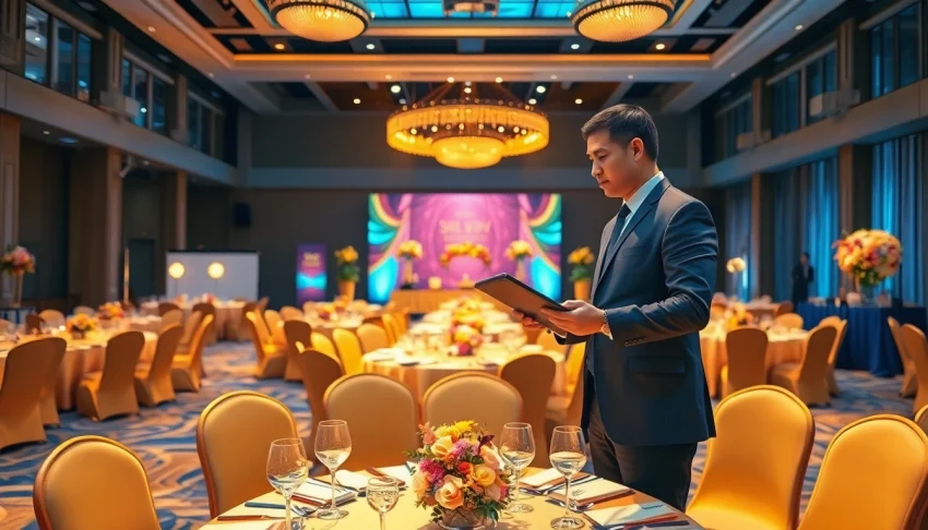 Corporate event planner Singapore arranging an elegant venue setup with tables and décor.