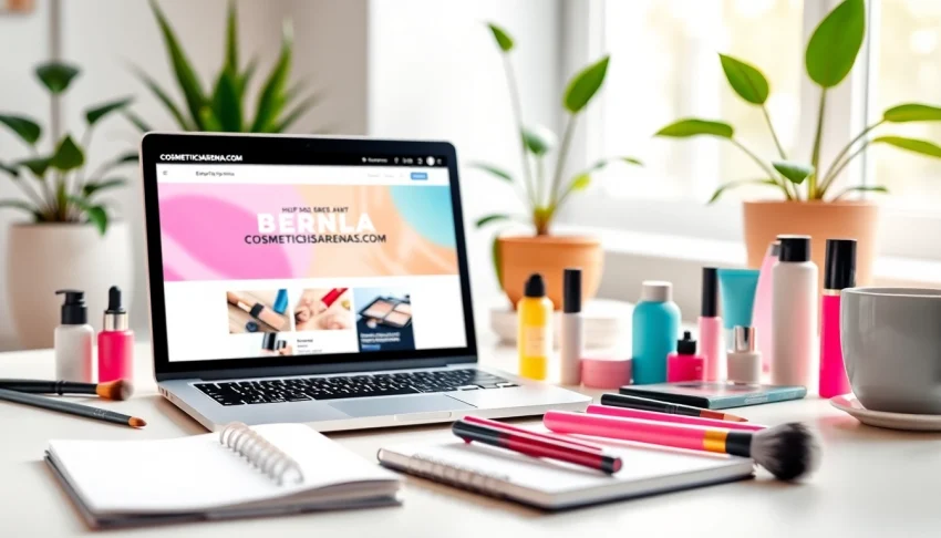 Engage with https://cosmeticsarenas.com in a vibrant beauty blog setting showcasing products and creativity.