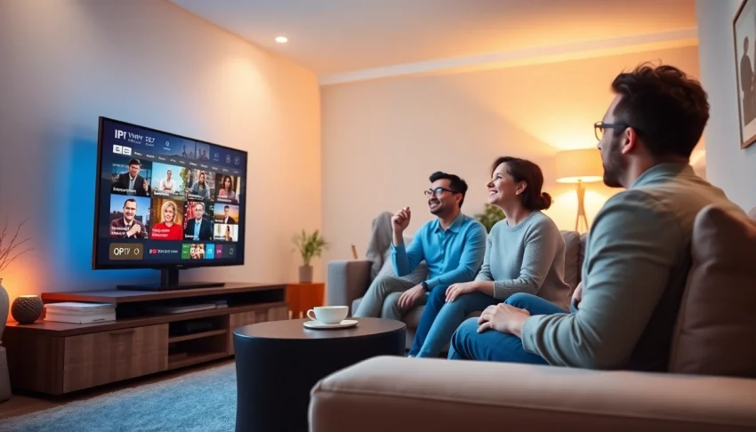 Comprar IPTV y disfrutar de una experiencia de entretenimiento en familia en un salón moderno.