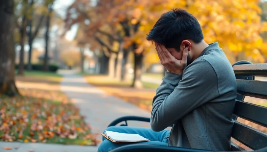 Person reflecting on their feelings after a relationship breakup in a serene park setting.