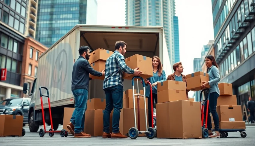 Moving companies Toronto team efficiently moving boxes in a bustling urban environment.