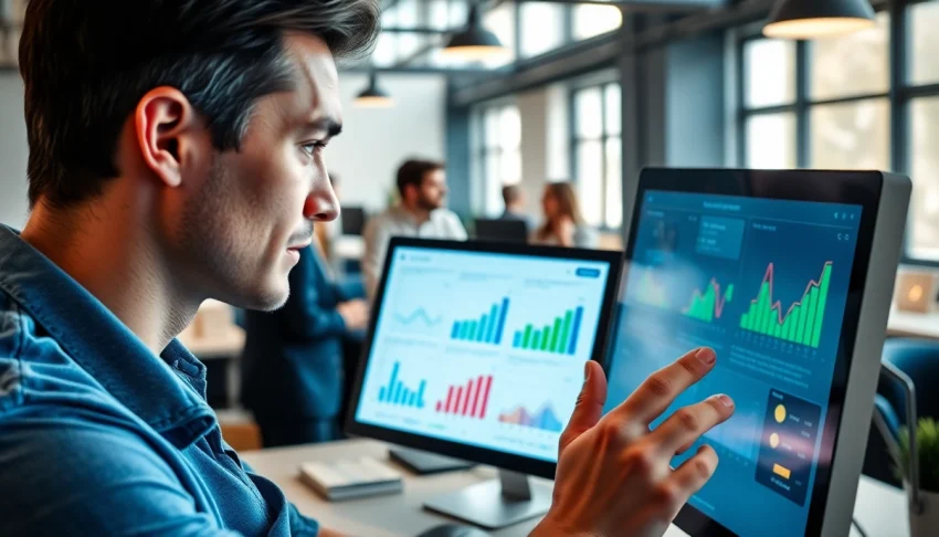B2B buyer analyzing options in a professional office setting with colleagues engaged in discussion.