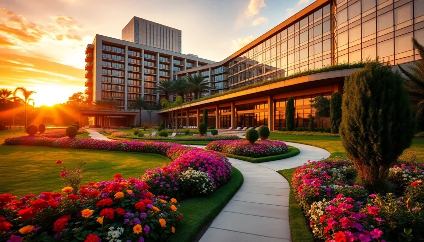 Showcasing a hotel with modern architecture, vibrant landscaping, and a sunset backdrop.