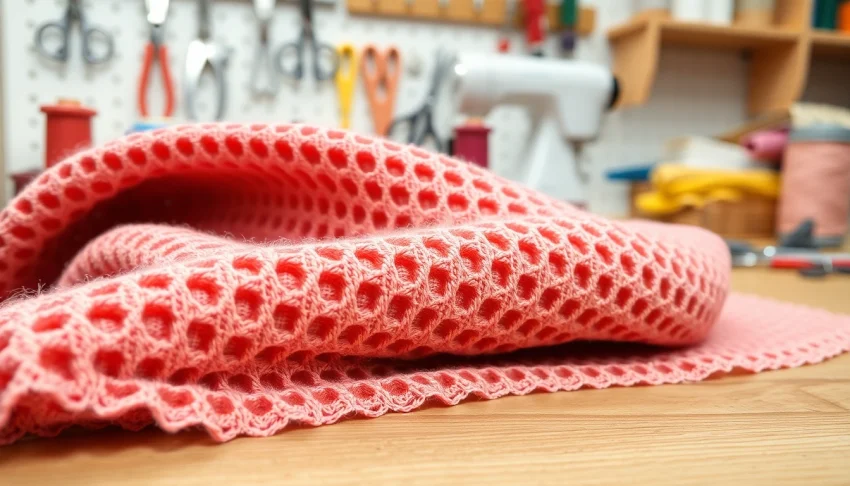 Wafelkatoen stof met unieke textuur en levendige kleuren op een houten tafel.