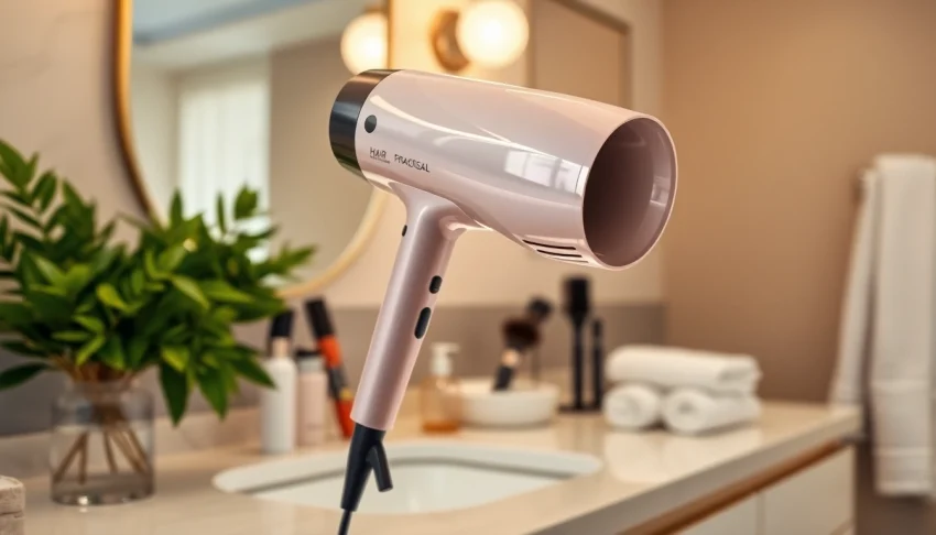 Showcase the best hair dryer in a stylish bathroom setting with modern design elements.