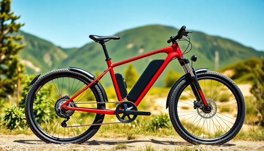 Experience the Talaria XXX Red Edition electric bike on a scenic trail, showcasing its vibrant design.