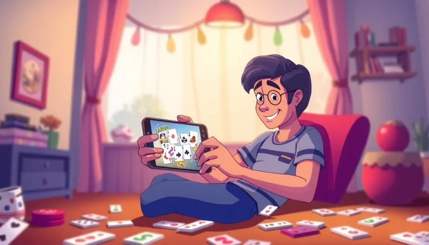 Enjoying Jaiho Rummy with a colorful setup of cards and a mobile device on a cozy table.