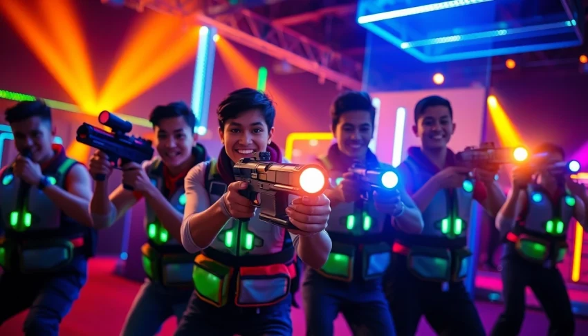 Engaged players enjoying laser tag in a vibrant and energetic arena.