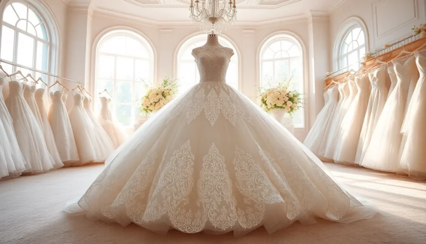 Explore exquisite ball gown wedding dresses featuring intricate lace and voluminous skirts in a bridal setting.