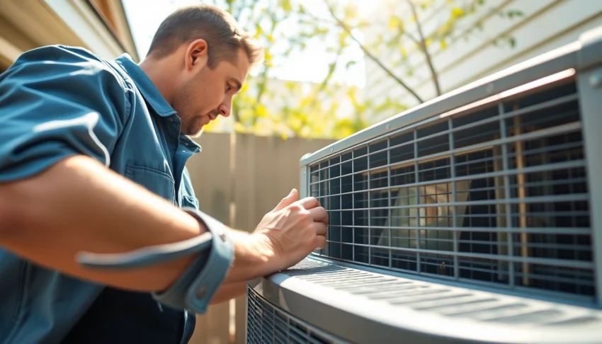 Expert air conditioning service technician conducting a check on HVAC unit in residential backyard.