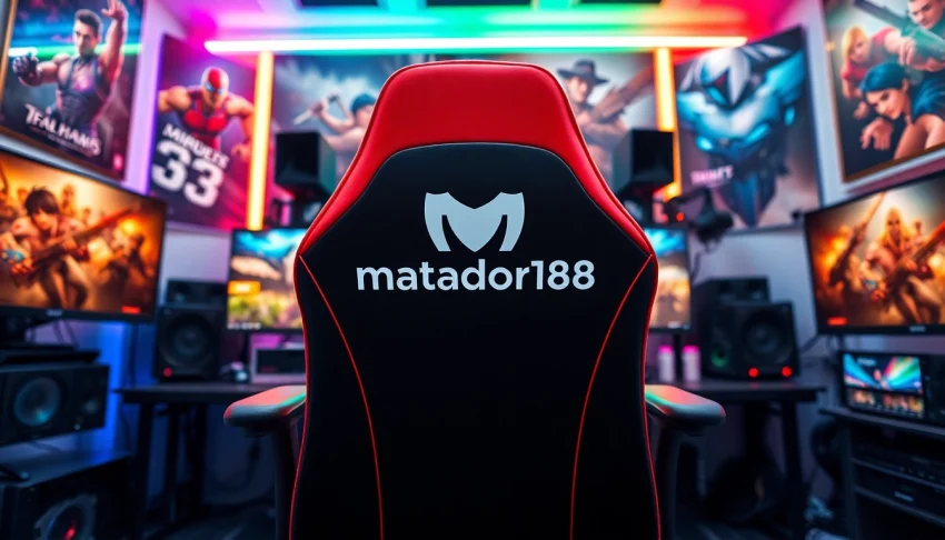 Gamer setup dengan logo matador168, kursi gaming cerah dan aksesoris menarik.
