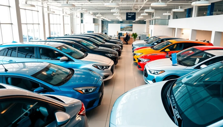 Skup aut Katowice - A bustling car dealership with diverse vehicles on display in a vibrant showroom.