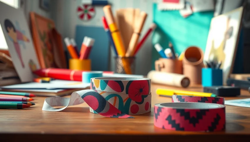 Enhance your branding with custom tape showcasing unique designs in a vibrant workspace.