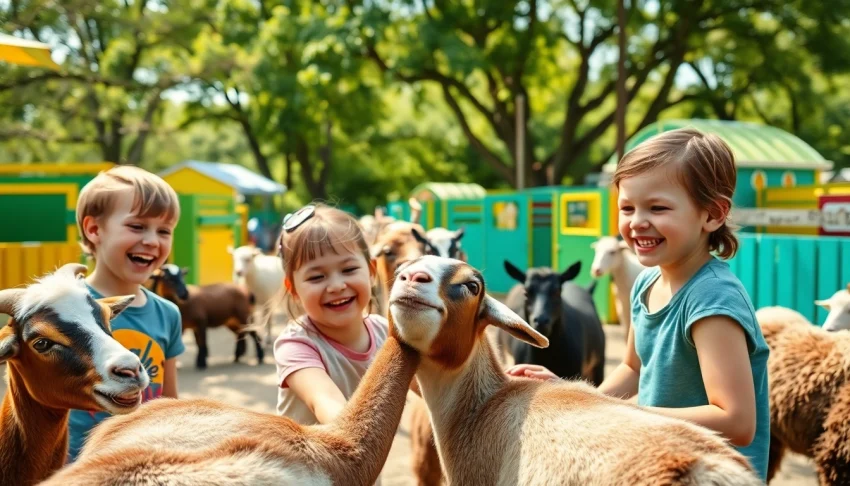 Children interacting joyfully with animals at a petting zoo.