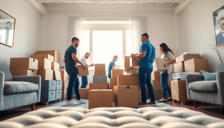 NYC movers efficiently organizing a bright apartment with packed boxes and furniture.