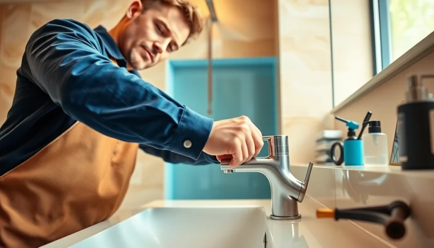 Skilled plumber working on a modern faucet installation in Bristol's stylish bathroom.