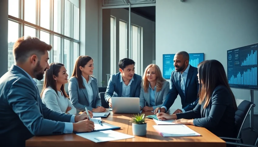 Leverage a diverse business team's synergy in a modern office setting for strategic planning.