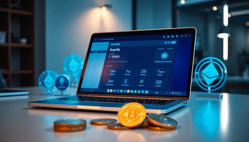 Showcasing the guarda wallet interface with cryptocurrency symbols in a modern workspace.