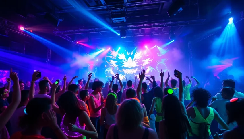 Engaging crowd at a vibrant miami rave under electrifying lights.