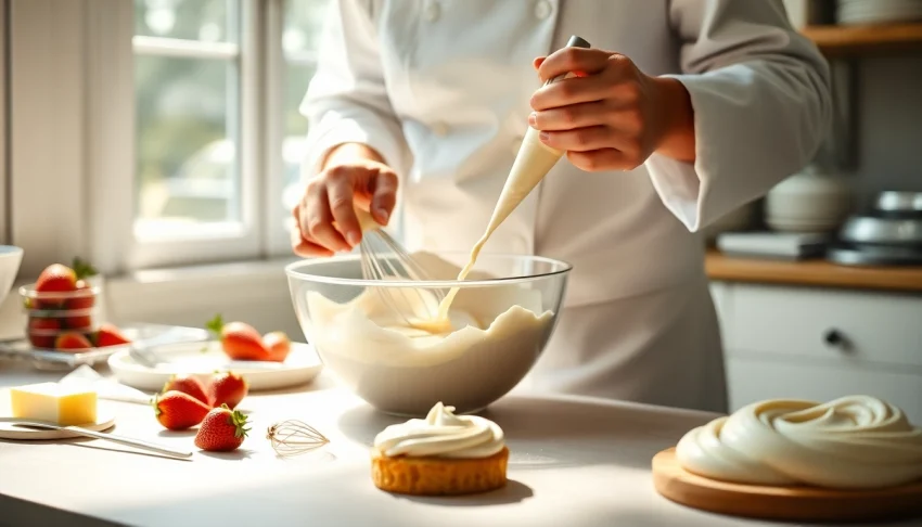 Bereid mousseline crème met rijke ingrediënten door een chef-kok in een keuken.