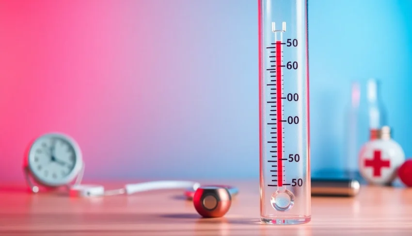 Health chart displaying high temp fever indicators with a thermometer and temperature scale.