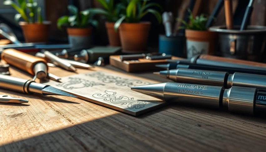 Showcase of engravings with intricate details and artistic tools, highlighting craftsmanship.