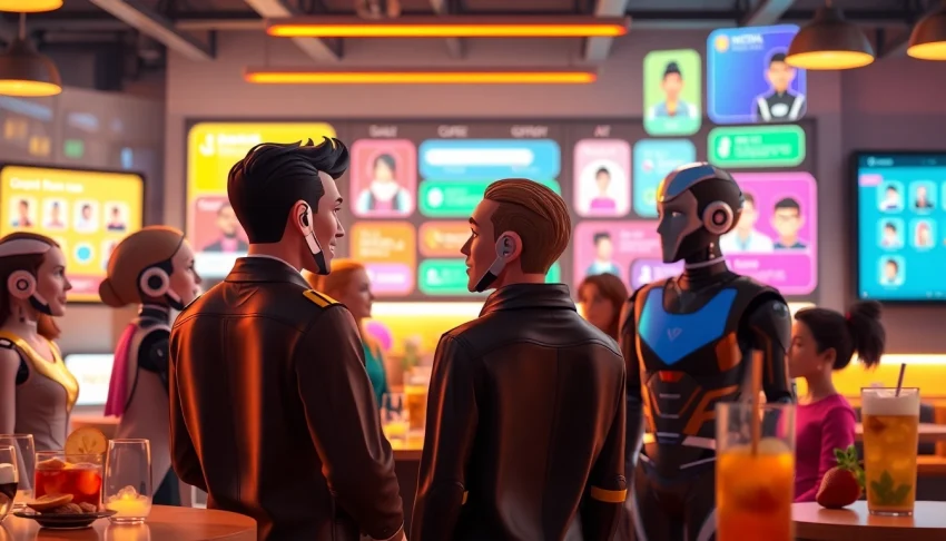 Experience AI character chat no limits in a lively virtual café with unique characters interacting.