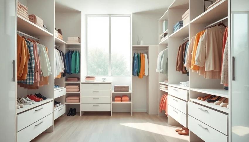 Organized digital closet showcasing a variety of colorful outfits and accessories in a modern design.